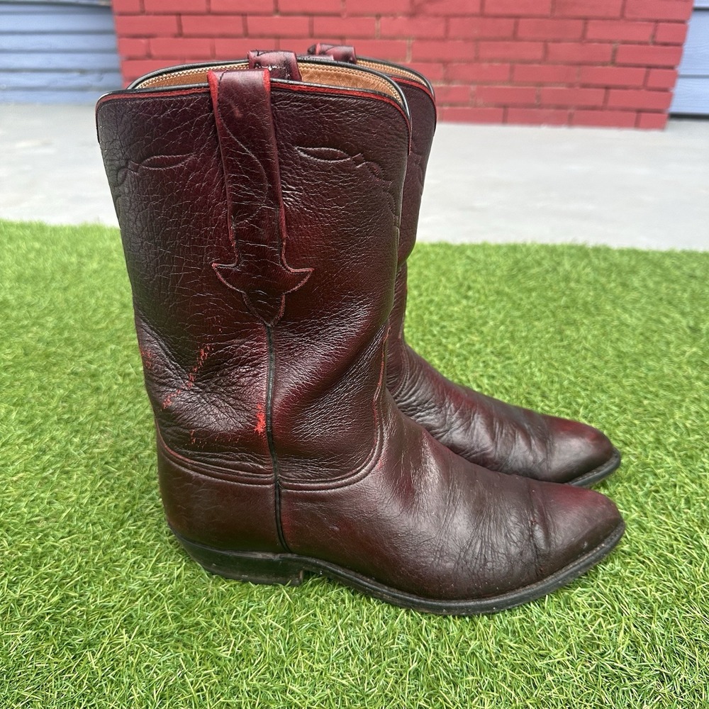 Vintage Lucchese Goatskin Roper Cowboy Boots Mens Size 9 D Cherry Rodeo Western‎